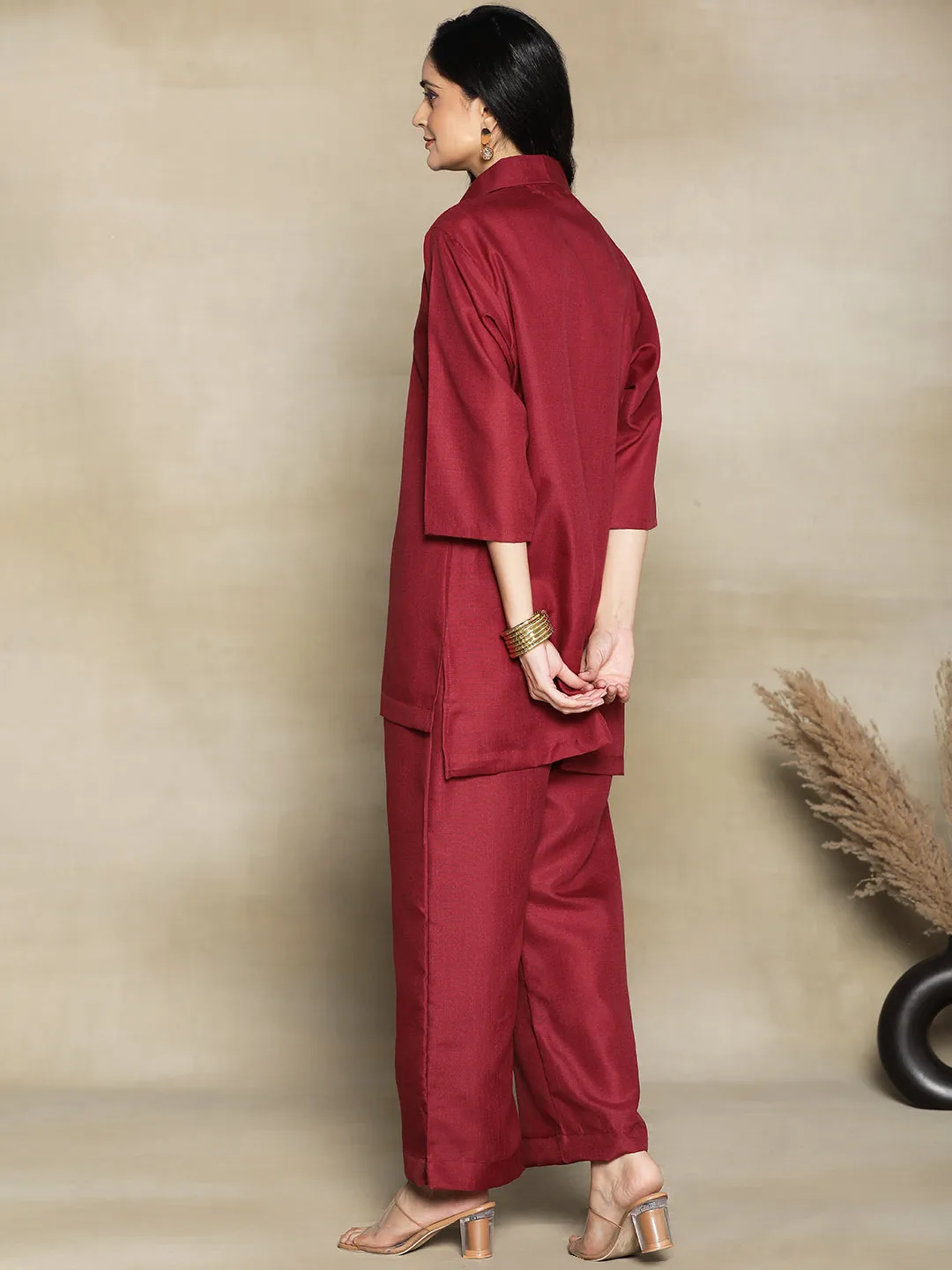 Maroon CottonSlub ShirtTop & Palazzo