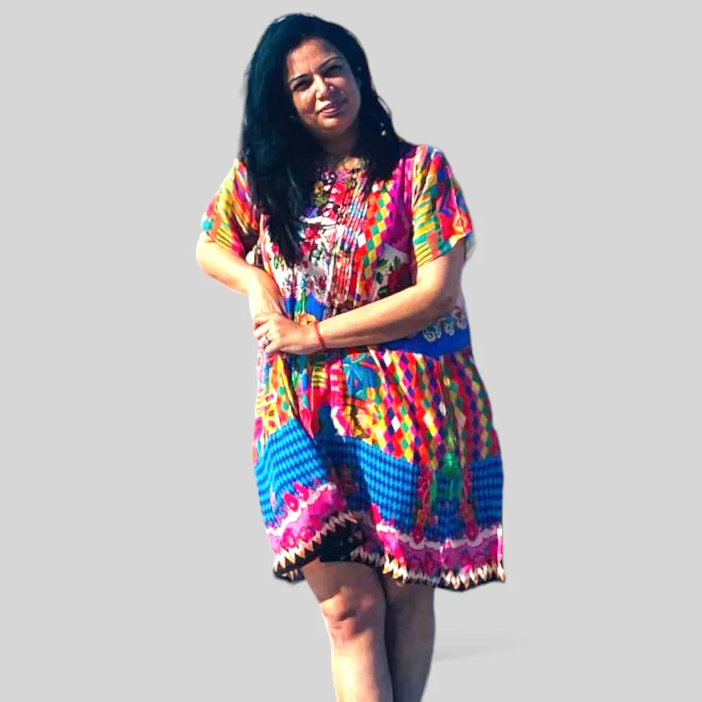 Melange - Multi Patch Tapestry Print Tunic Dress With Short Sleeves