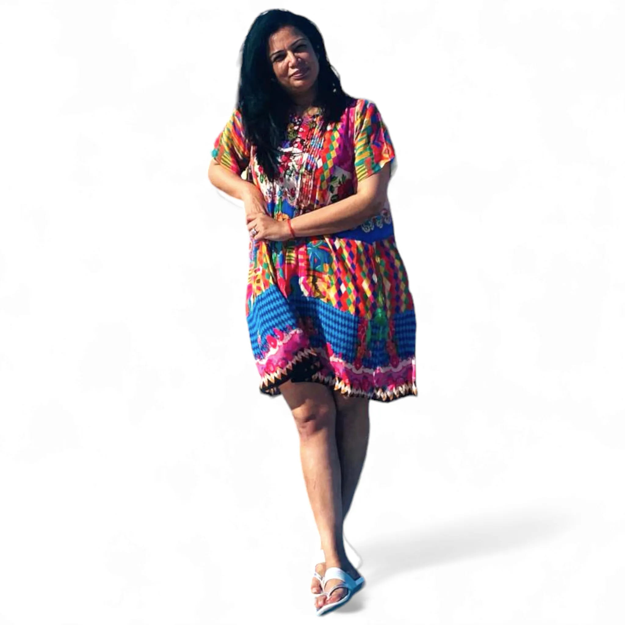 Melange - Multi Patch Tapestry Print Tunic Dress With Short Sleeves