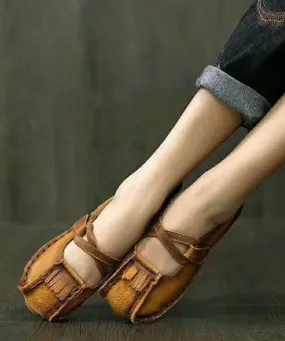 New Khaki Buckle Strap Cowhide Leather Flats Shoes RT1050