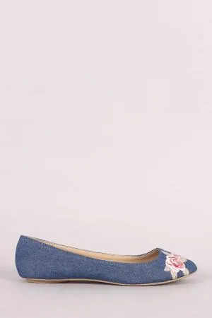 Qupid Denim Round Toe Embroidered Floral Ballet Flat