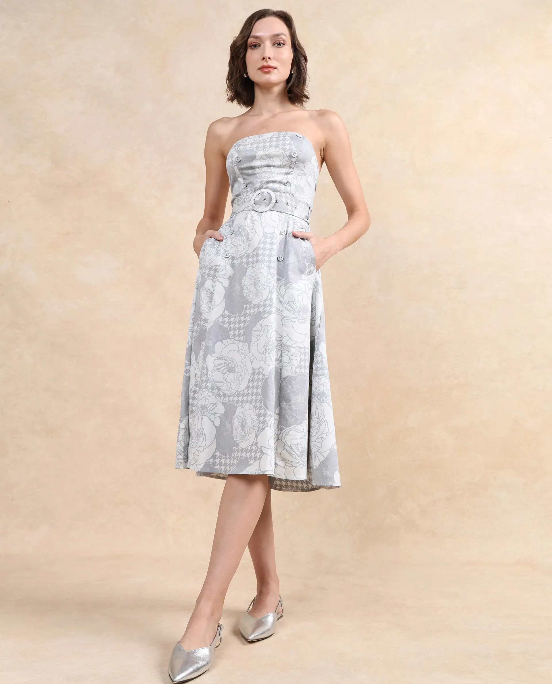 Rareism Women Croatink Multi Sleeveless Tube Neck Flared Midi Floral Print Dress