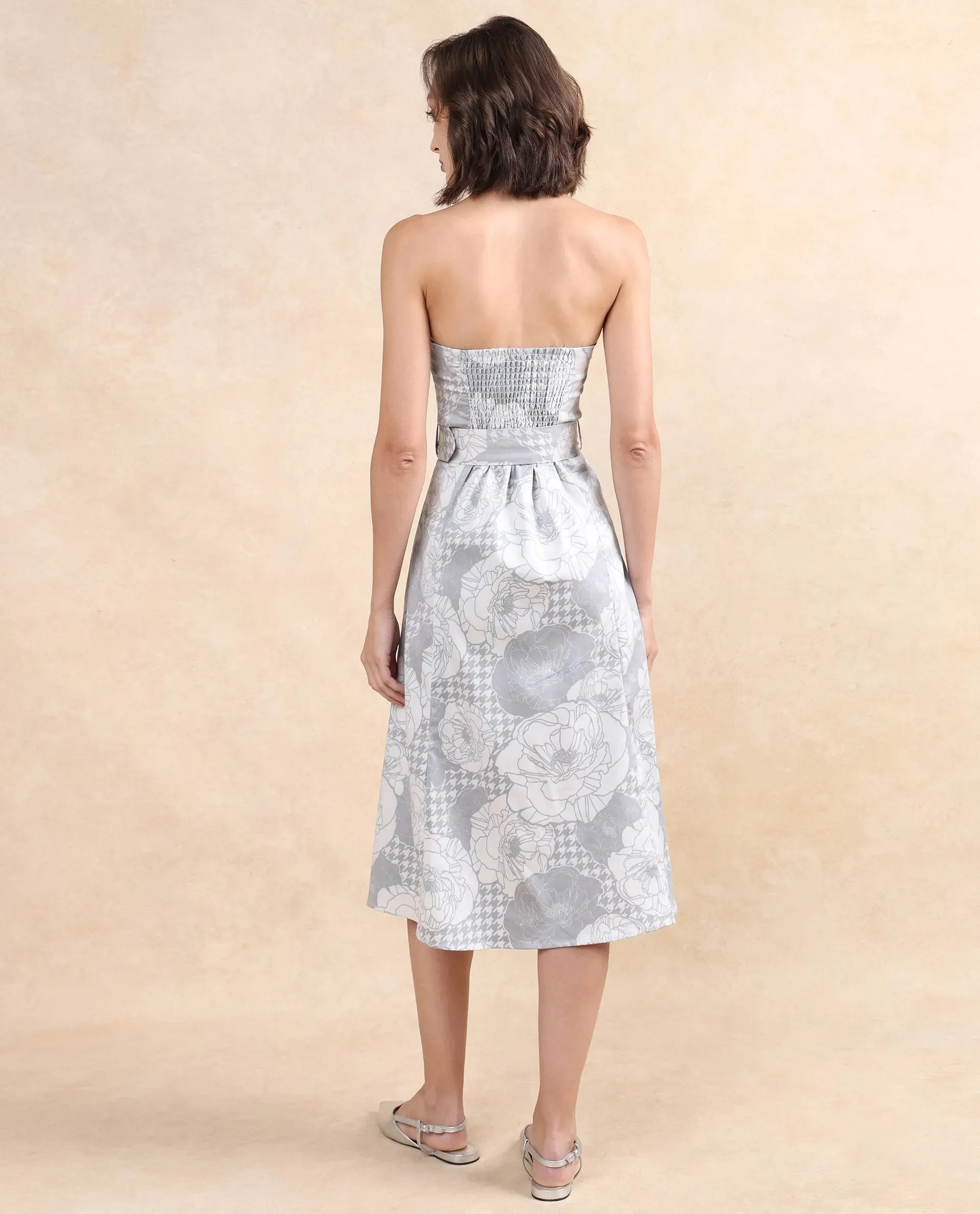 Rareism Women Croatink Multi Sleeveless Tube Neck Flared Midi Floral Print Dress