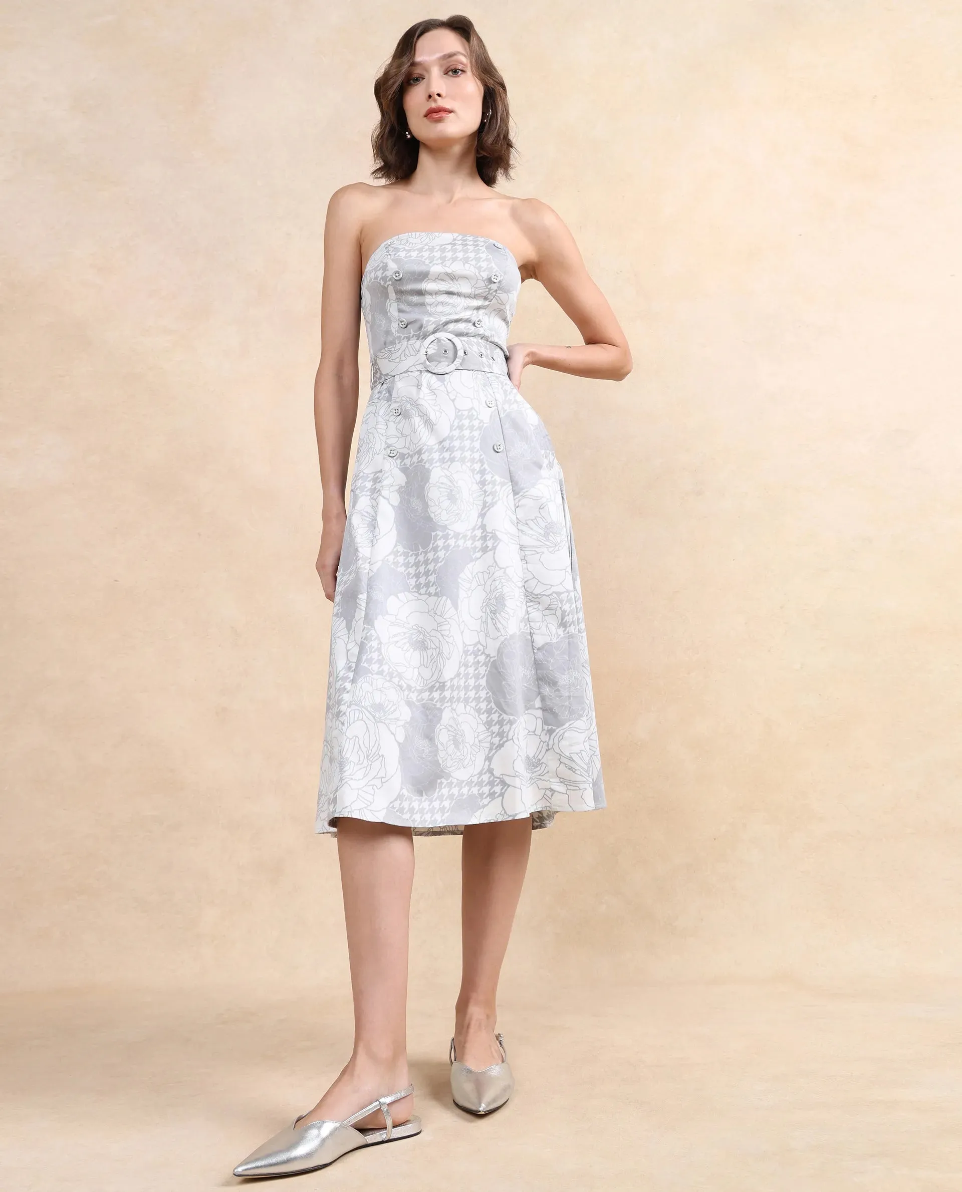 Rareism Women Croatink Multi Sleeveless Tube Neck Flared Midi Floral Print Dress