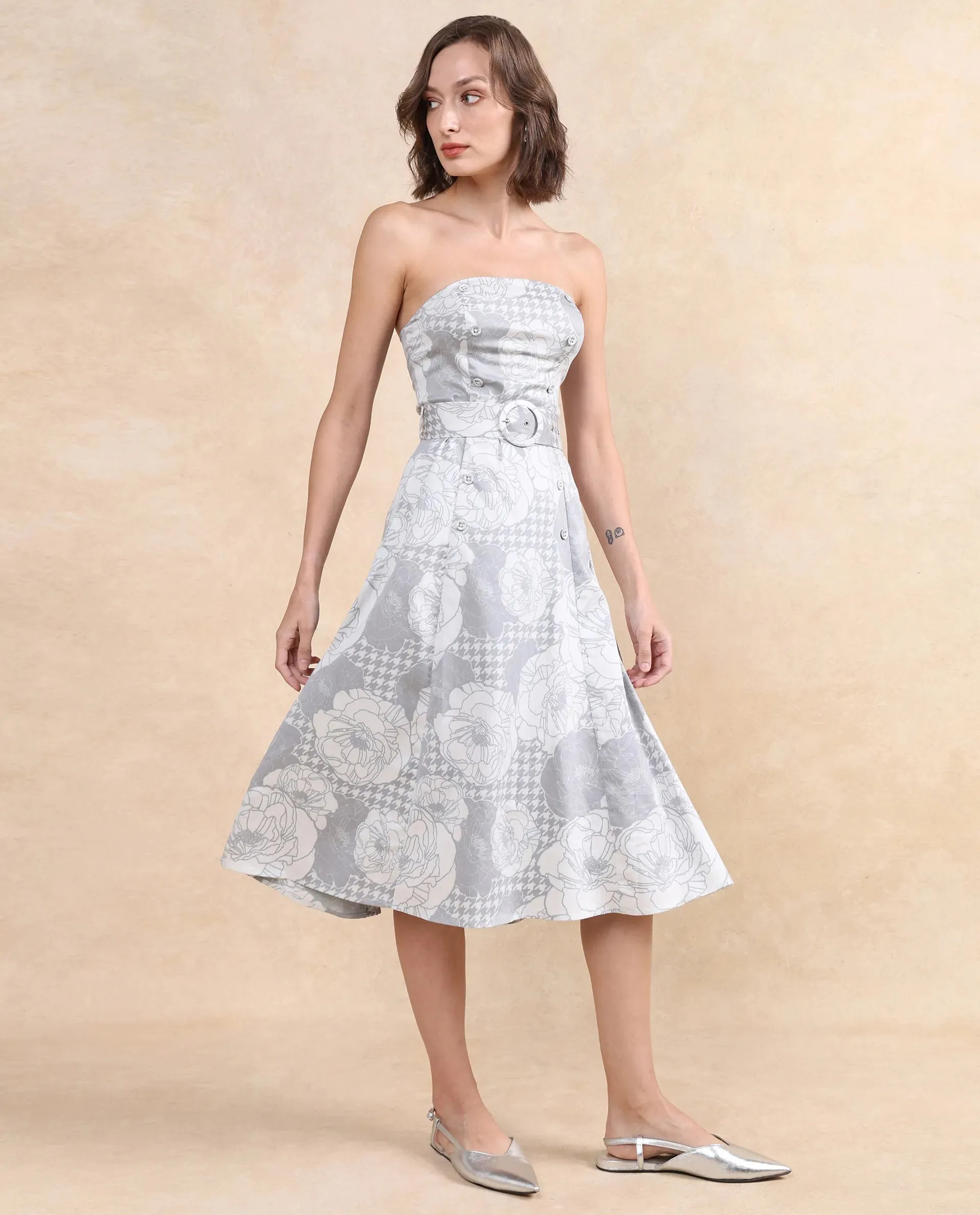 Rareism Women Croatink Multi Sleeveless Tube Neck Flared Midi Floral Print Dress