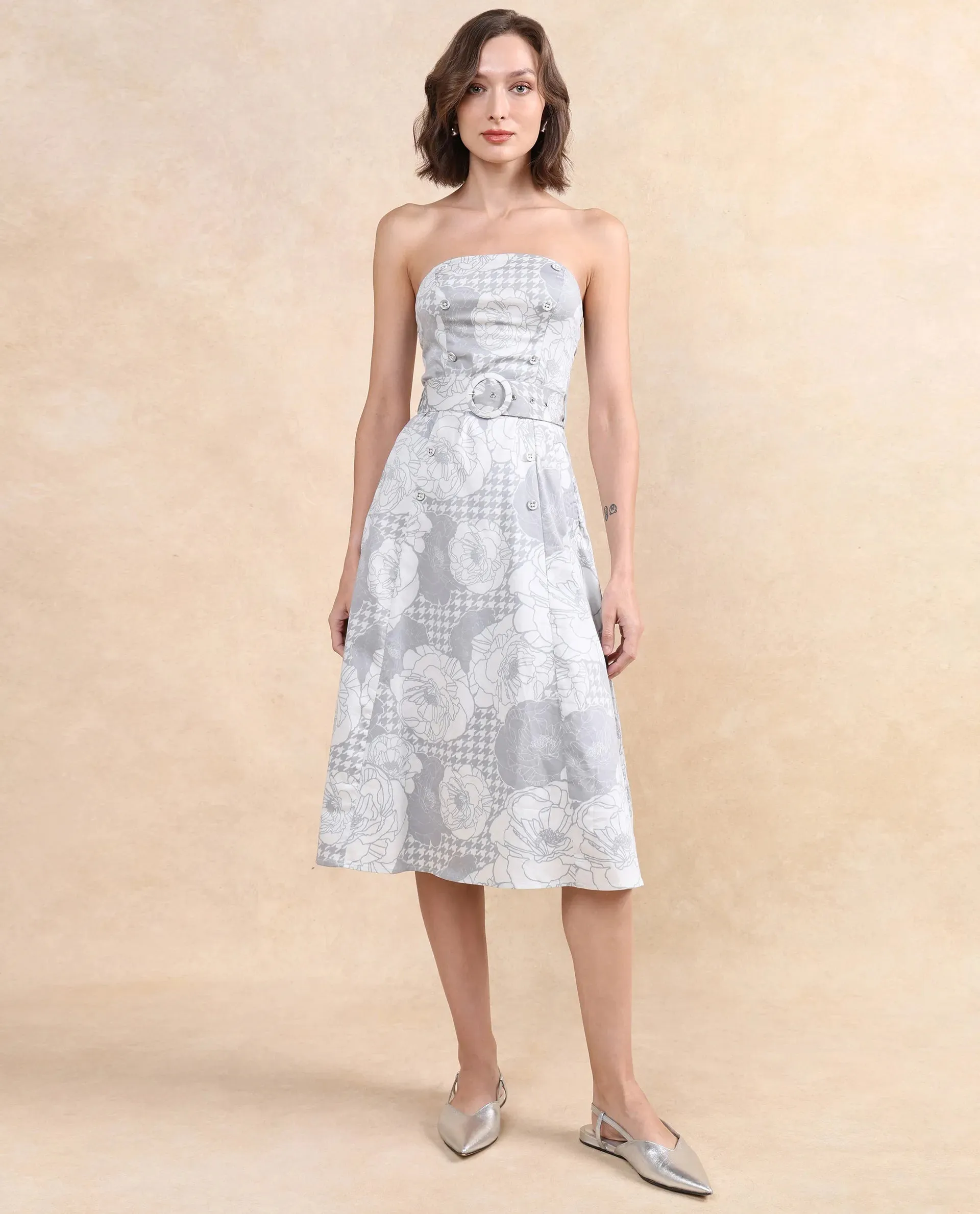 Rareism Women Croatink Multi Sleeveless Tube Neck Flared Midi Floral Print Dress