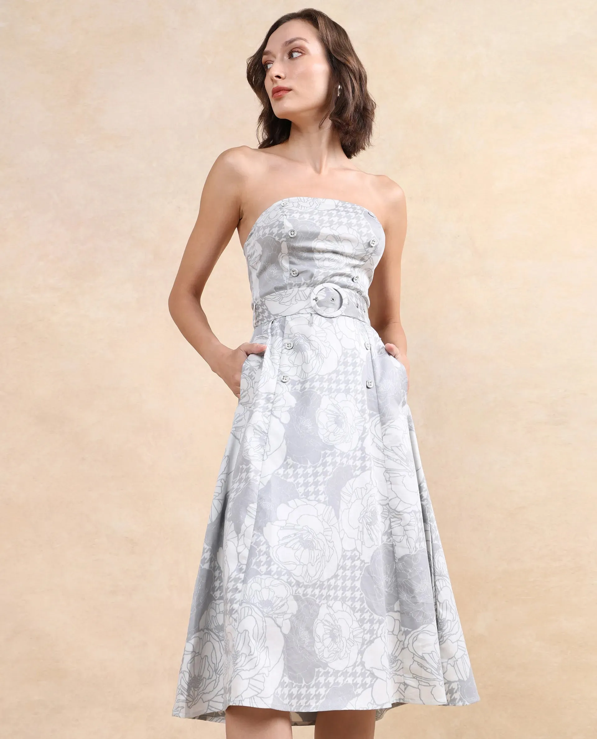 Rareism Women Croatink Multi Sleeveless Tube Neck Flared Midi Floral Print Dress