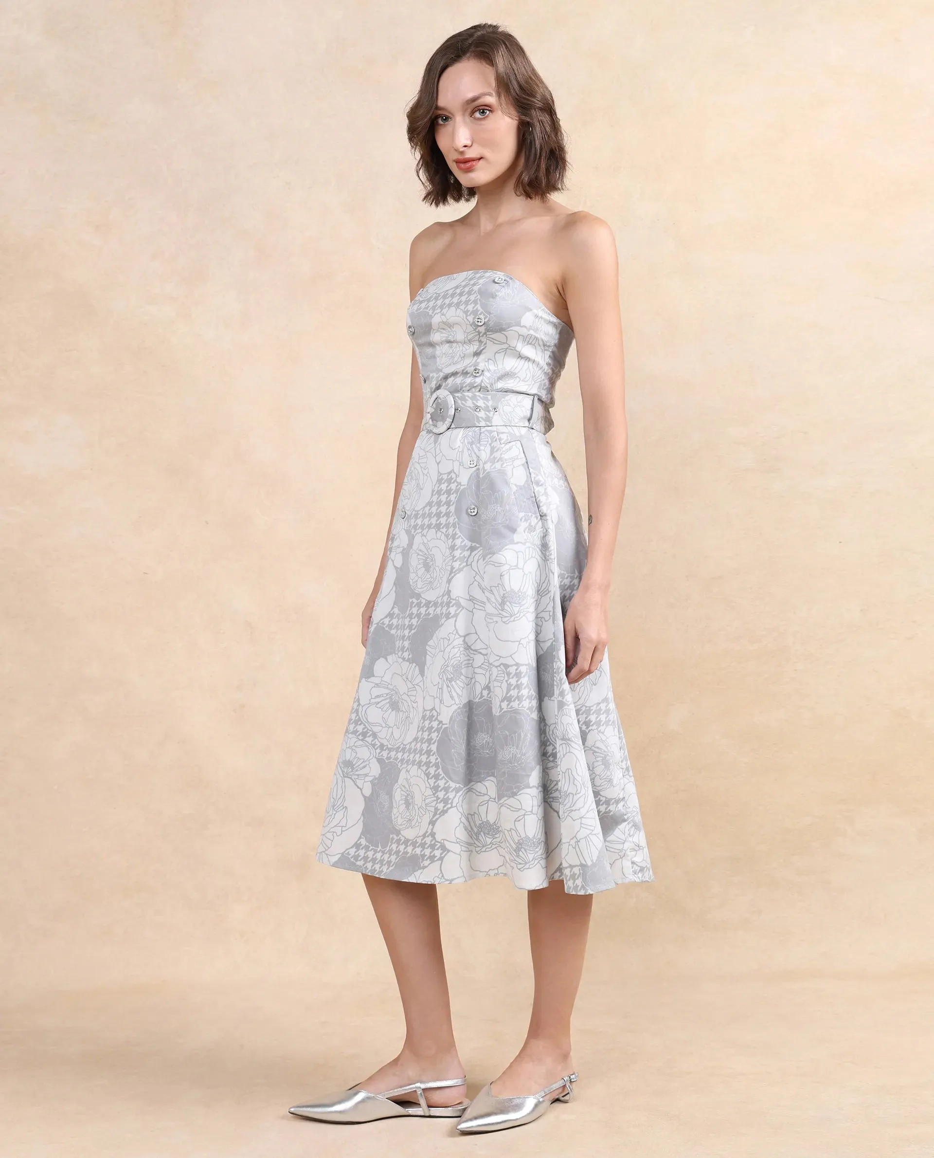 Rareism Women Croatink Multi Sleeveless Tube Neck Flared Midi Floral Print Dress