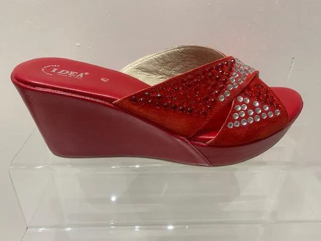 Red Rhinestone Suede Leather Platform Wedge Sandals