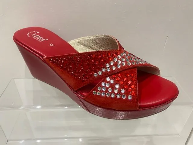 Red Rhinestone Suede Leather Platform Wedge Sandals