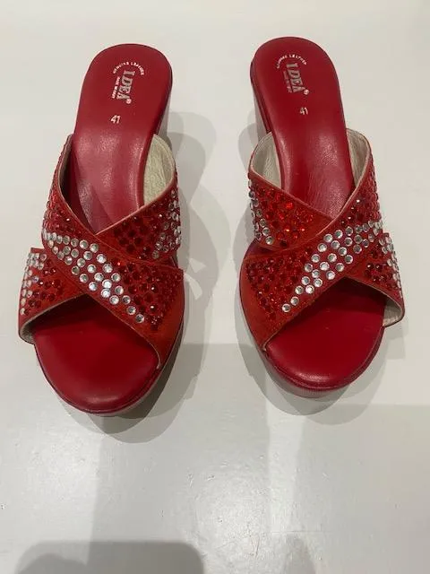 Red Rhinestone Suede Leather Platform Wedge Sandals