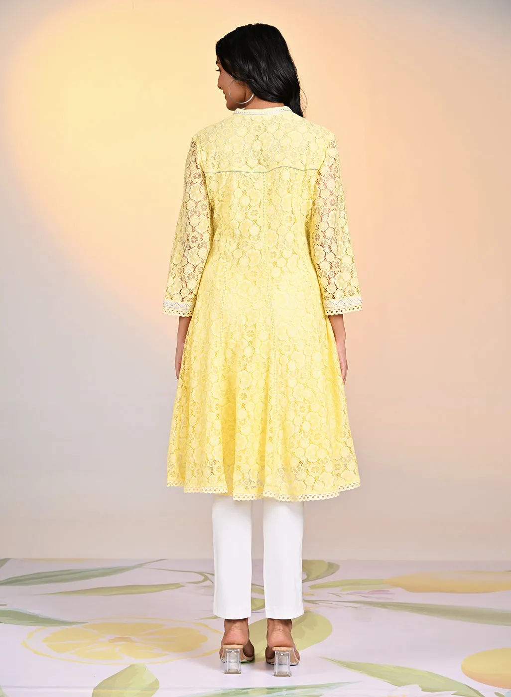Roza Salmon Lemon Embroidered Raschel Net Designer
Dress for Women