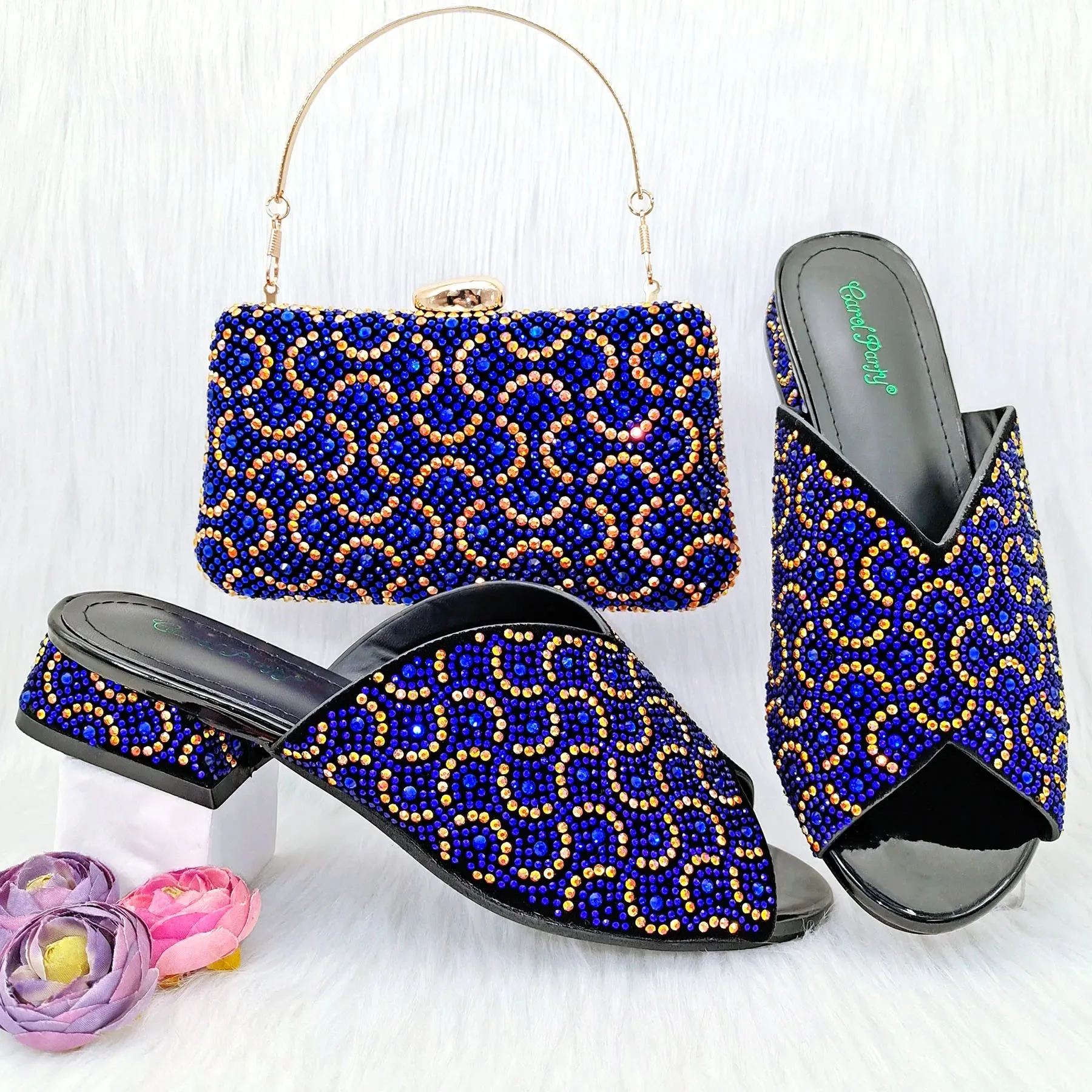 s Sexy Crystal Low Heel Shoes Open Heel Shoes Bag Set For Women