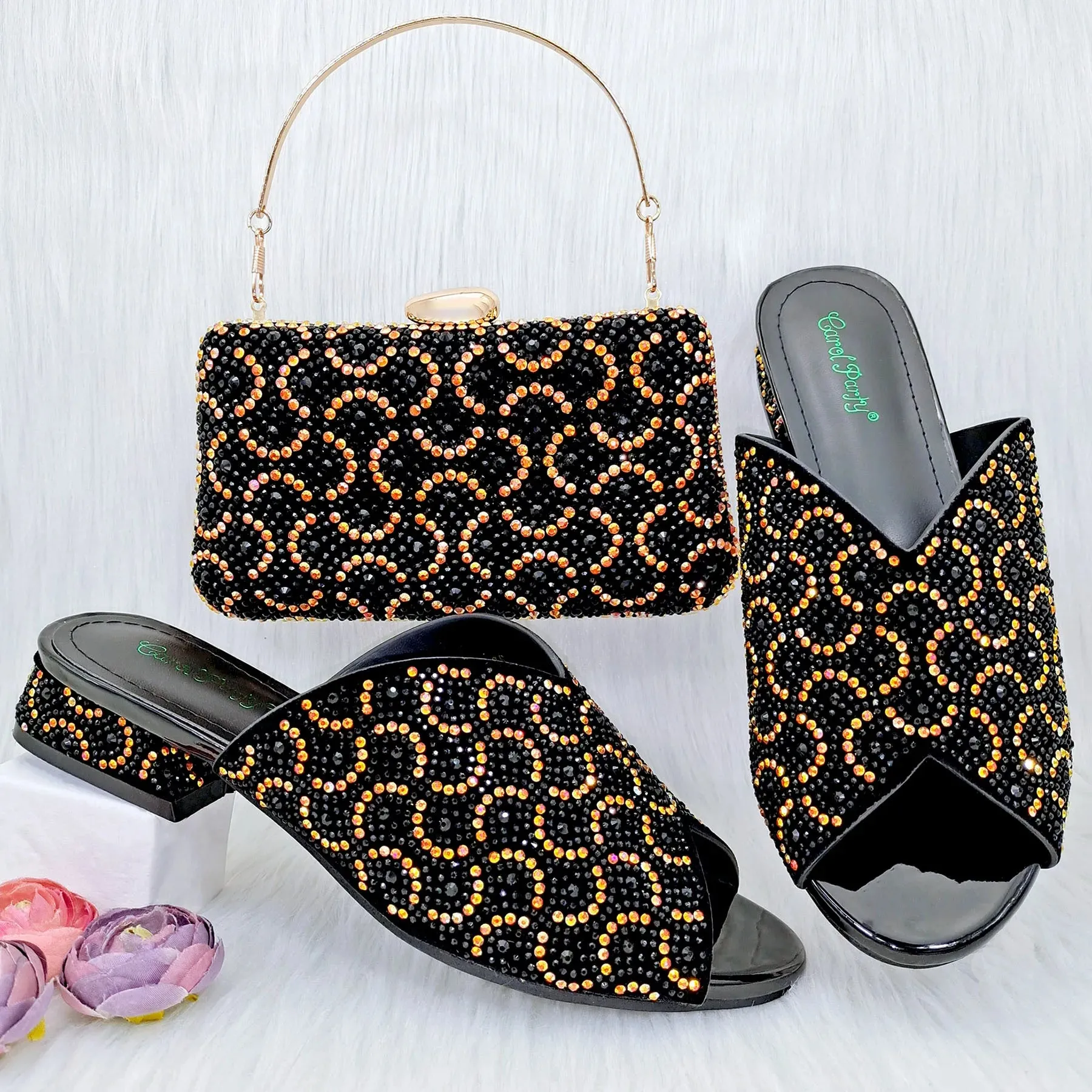 s Sexy Crystal Low Heel Shoes Open Heel Shoes Bag Set For Women