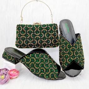 s Sexy Crystal Low Heel Shoes Open Heel Shoes Bag Set For Women