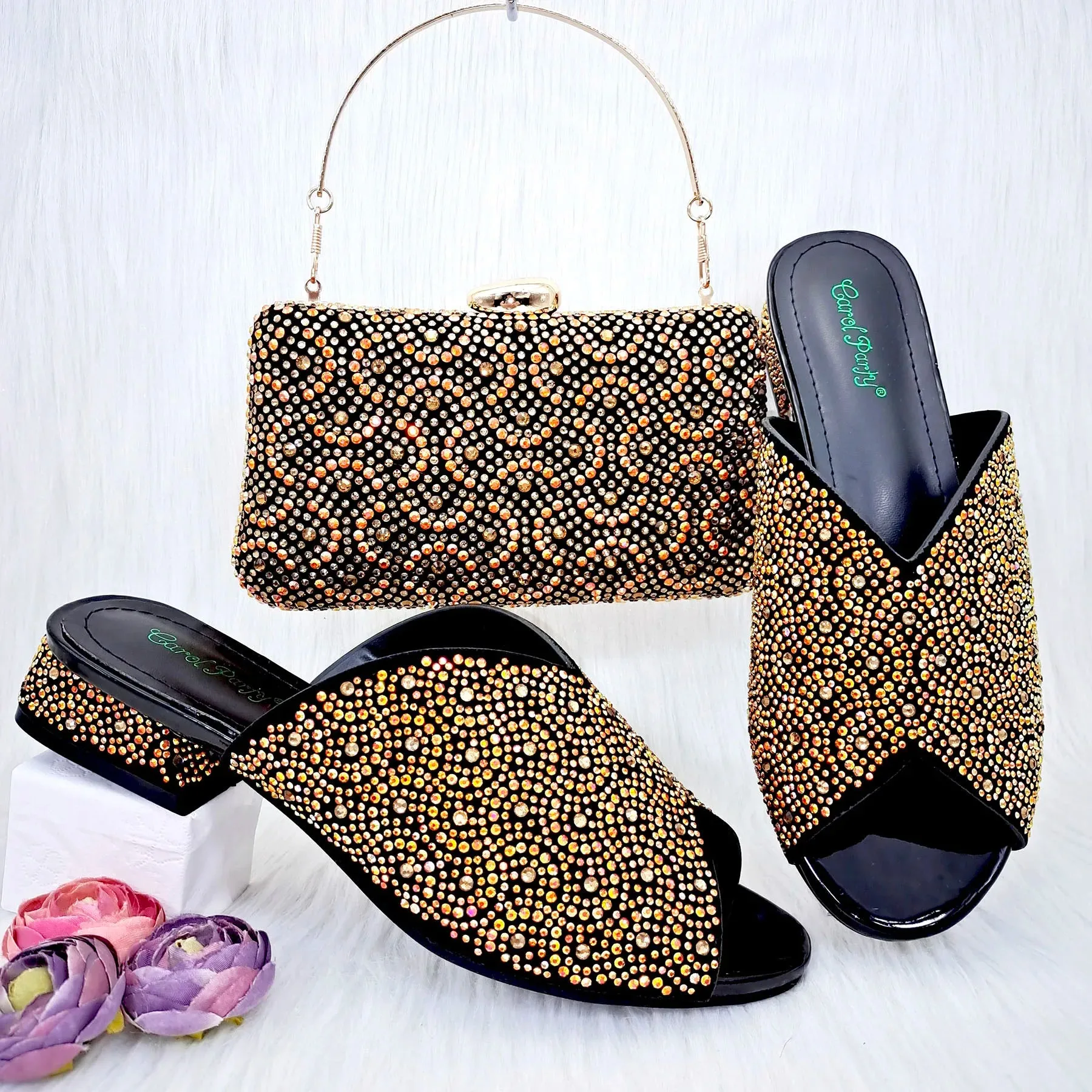 s Sexy Crystal Low Heel Shoes Open Heel Shoes Bag Set For Women