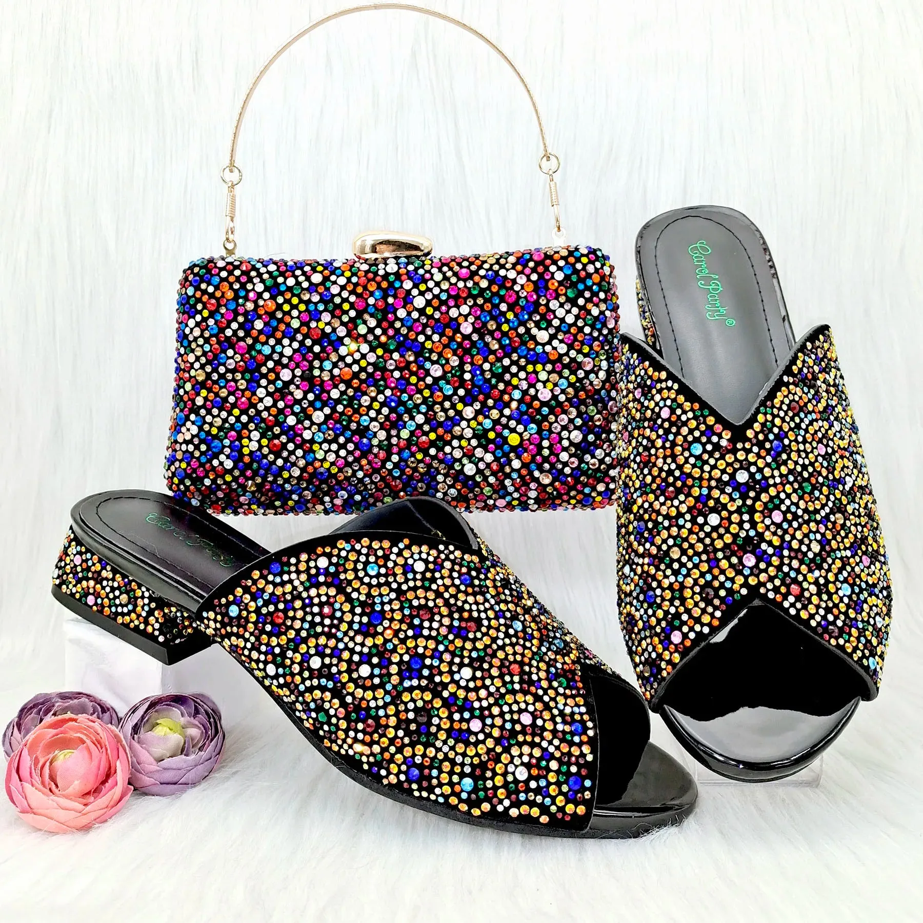 s Sexy Crystal Low Heel Shoes Open Heel Shoes Bag Set For Women