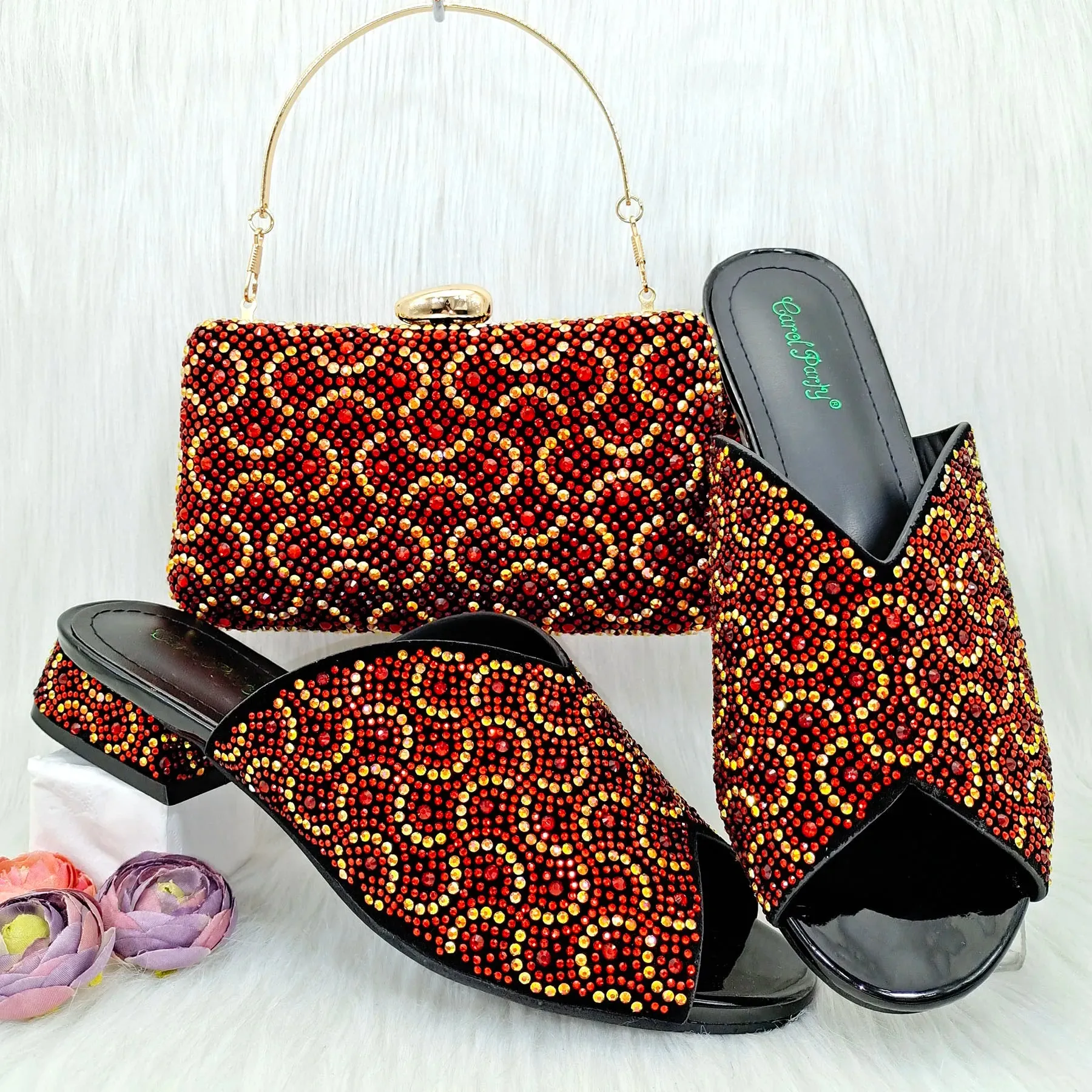 s Sexy Crystal Low Heel Shoes Open Heel Shoes Bag Set For Women