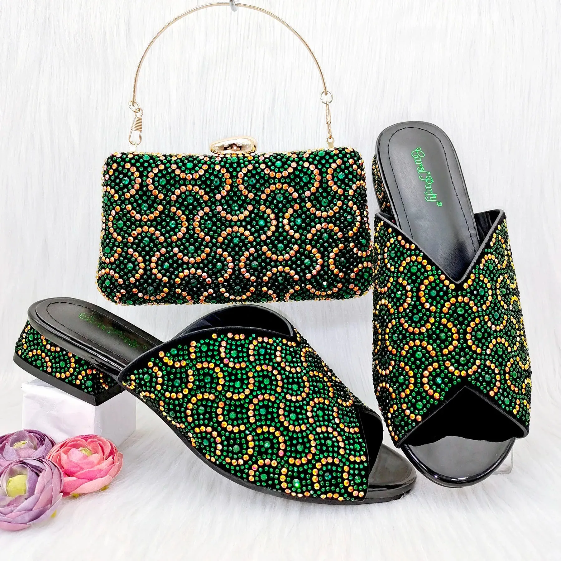 s Sexy Crystal Low Heel Shoes Open Heel Shoes Bag Set For Women