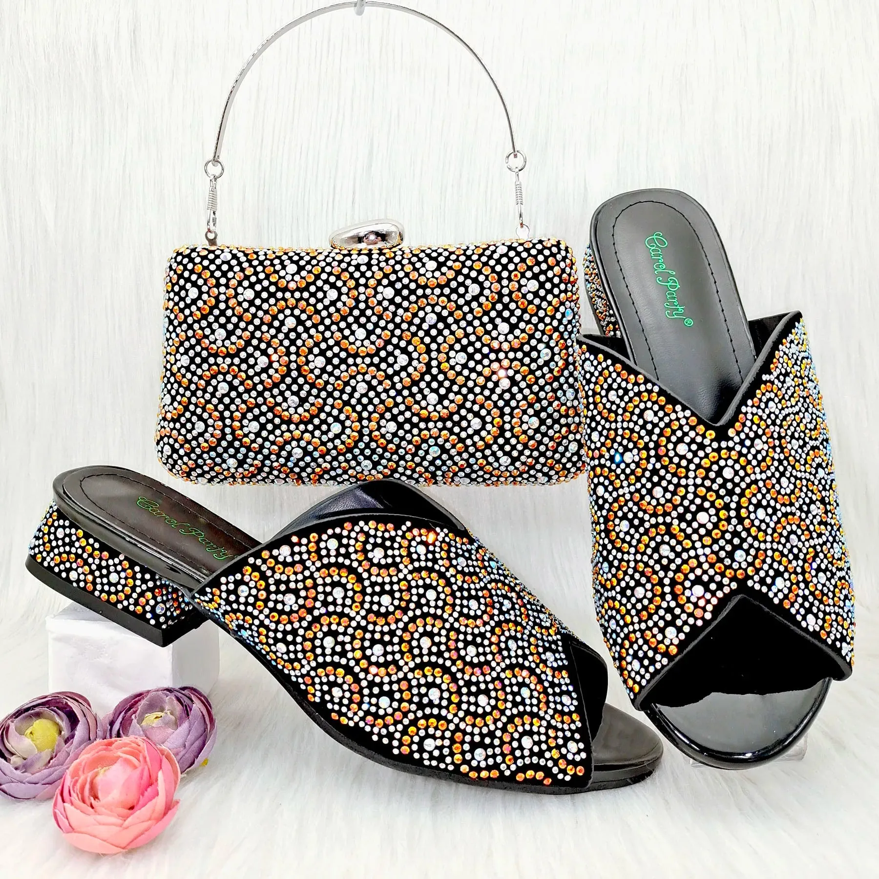 s Sexy Crystal Low Heel Shoes Open Heel Shoes Bag Set For Women