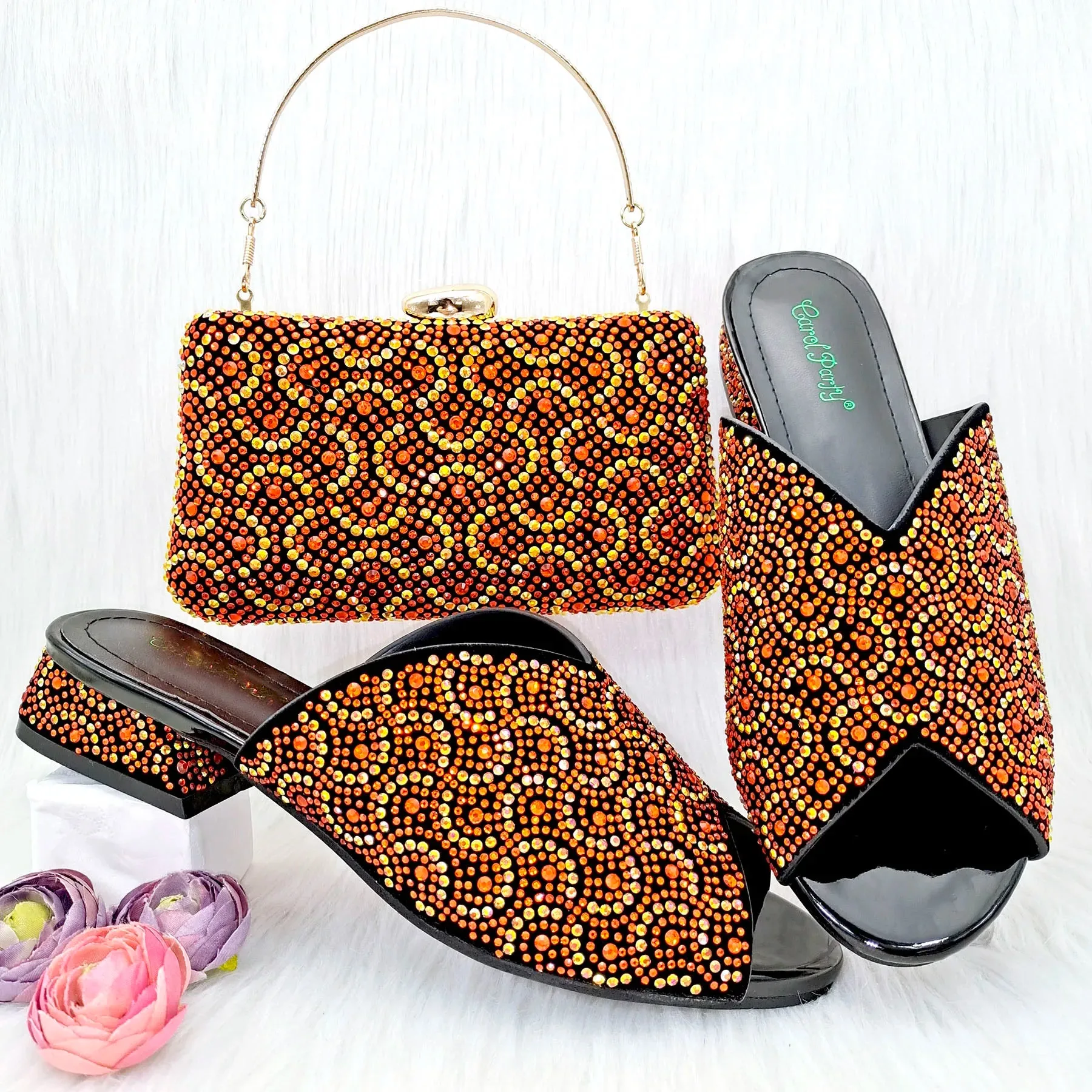 s Sexy Crystal Low Heel Shoes Open Heel Shoes Bag Set For Women