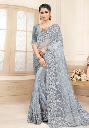 Soft Grey Embroidered Party Wear Saree
