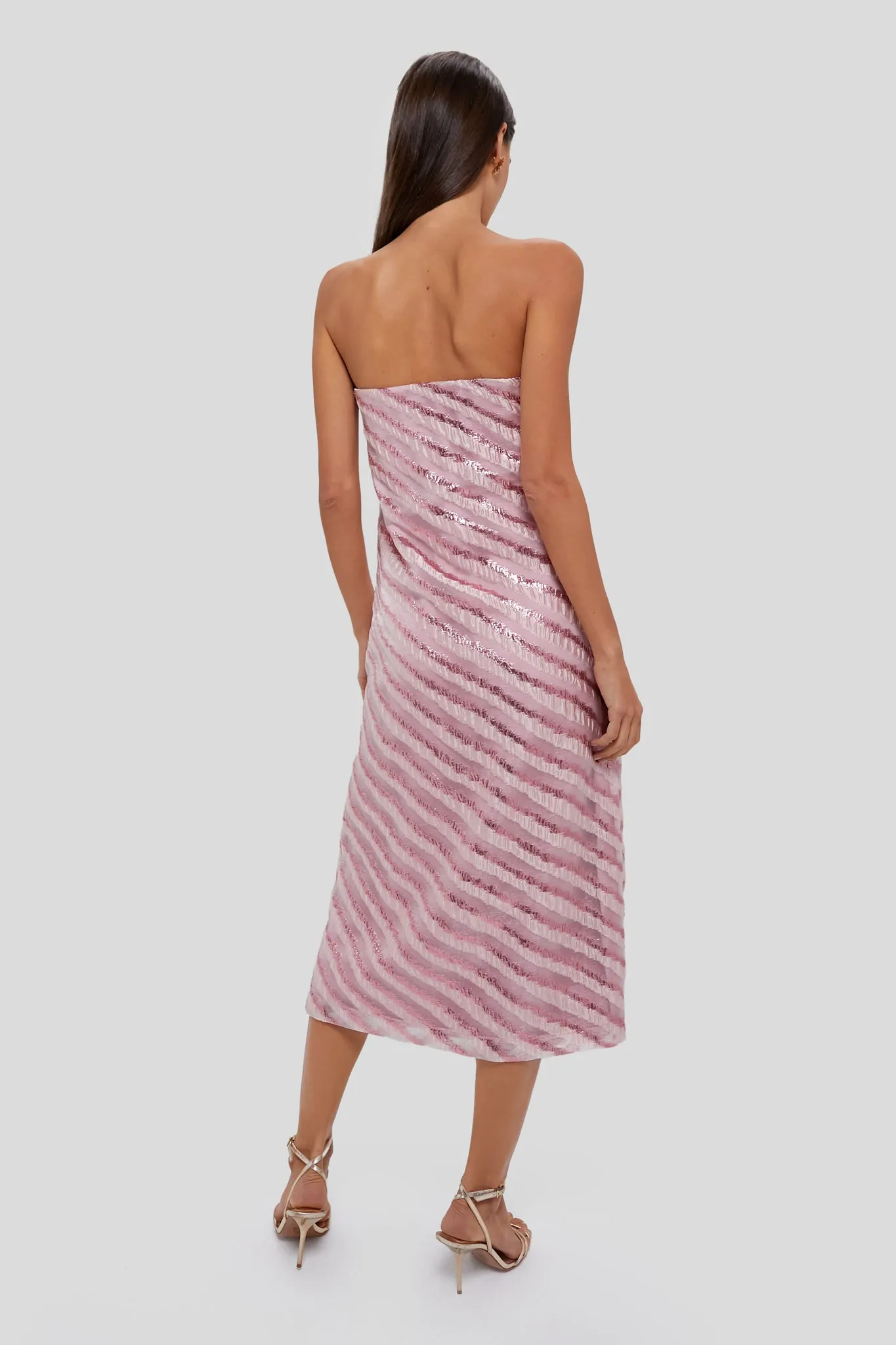 Soft Pink Shimmer Stripes Mila Strapless Midi Dress