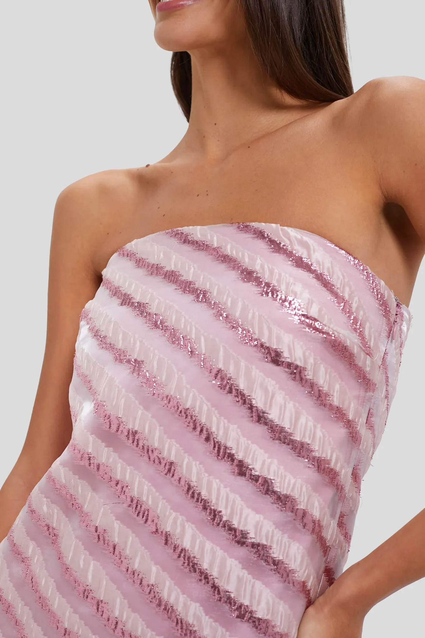 Soft Pink Shimmer Stripes Mila Strapless Midi Dress