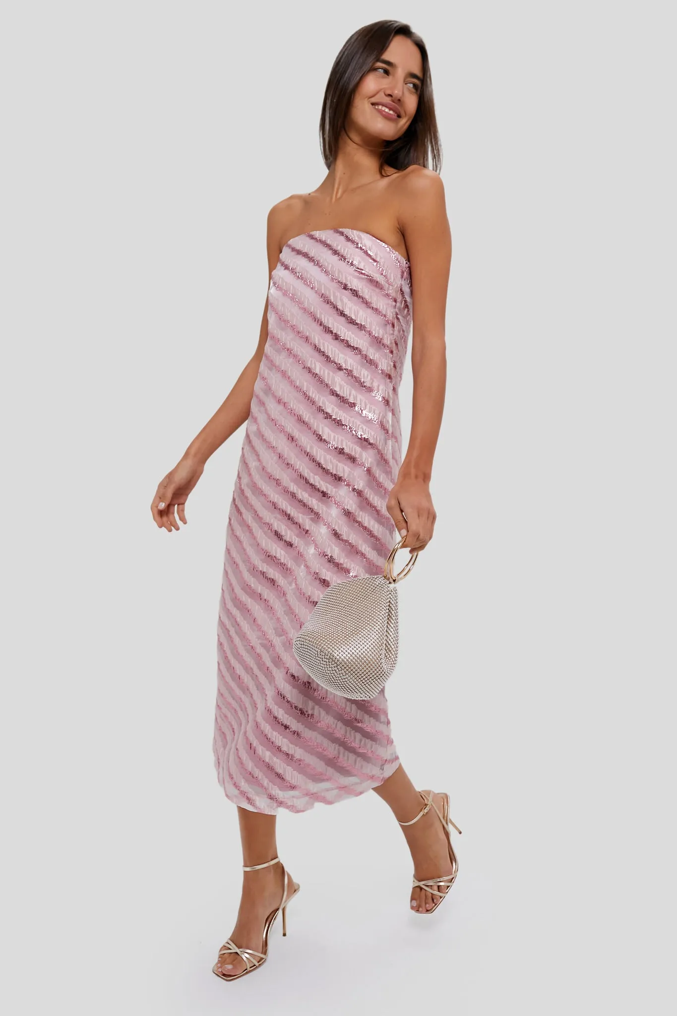 Soft Pink Shimmer Stripes Mila Strapless Midi Dress