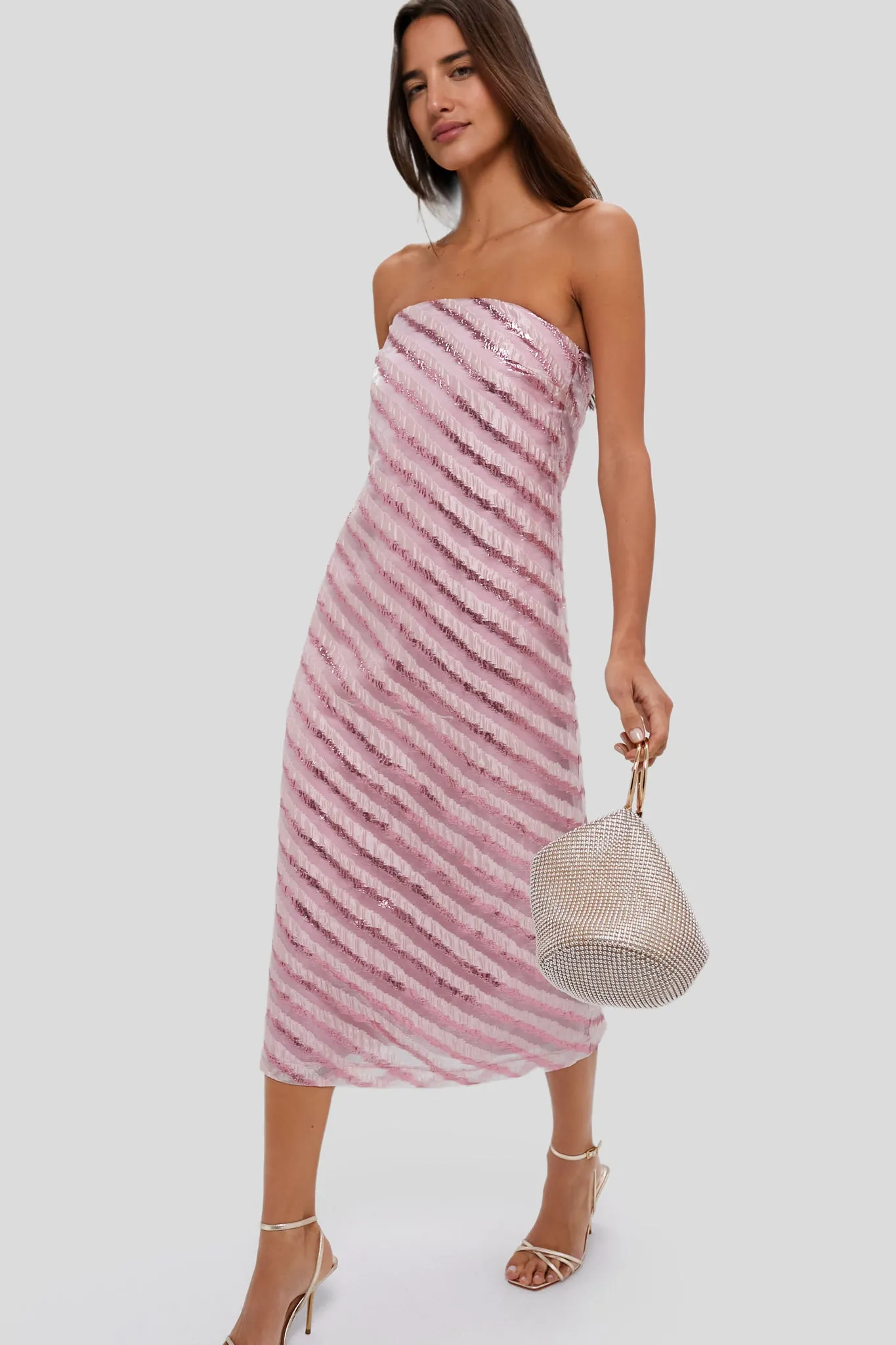 Soft Pink Shimmer Stripes Mila Strapless Midi Dress