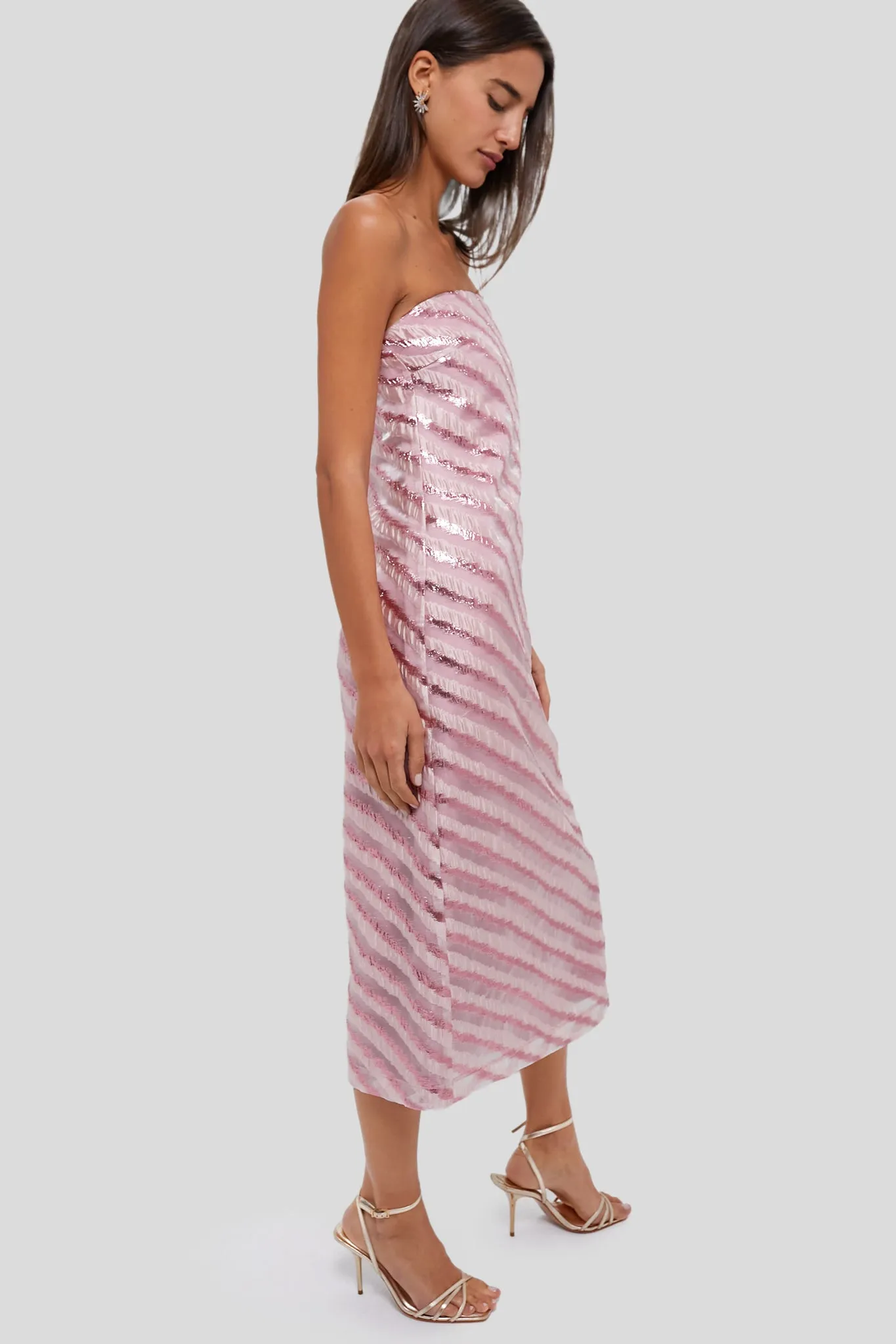 Soft Pink Shimmer Stripes Mila Strapless Midi Dress