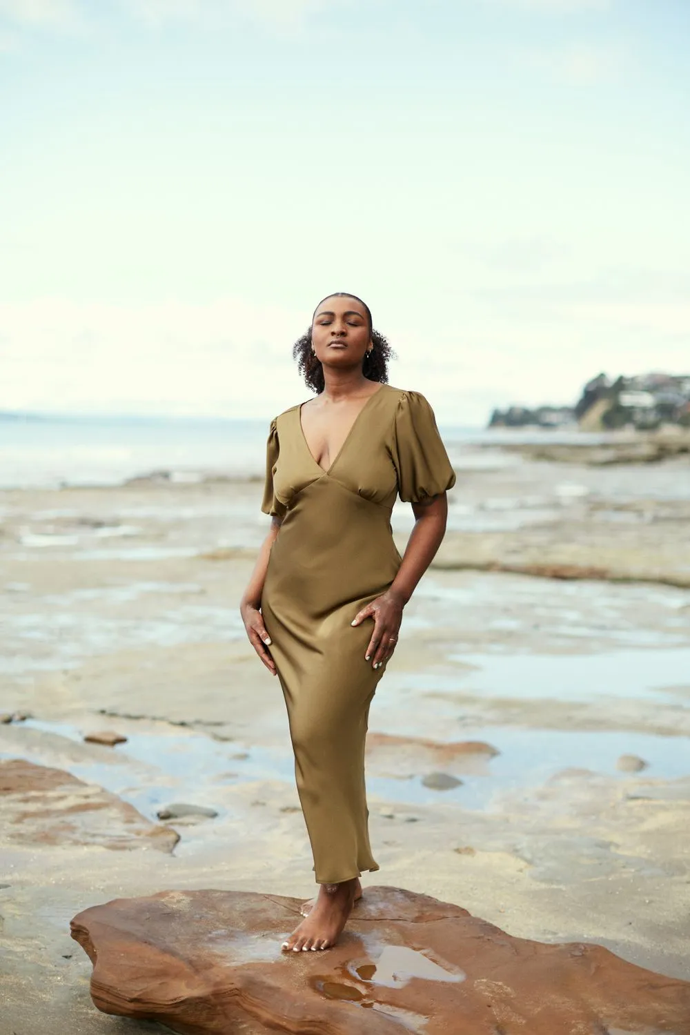 Uma Satin Dress Khaki