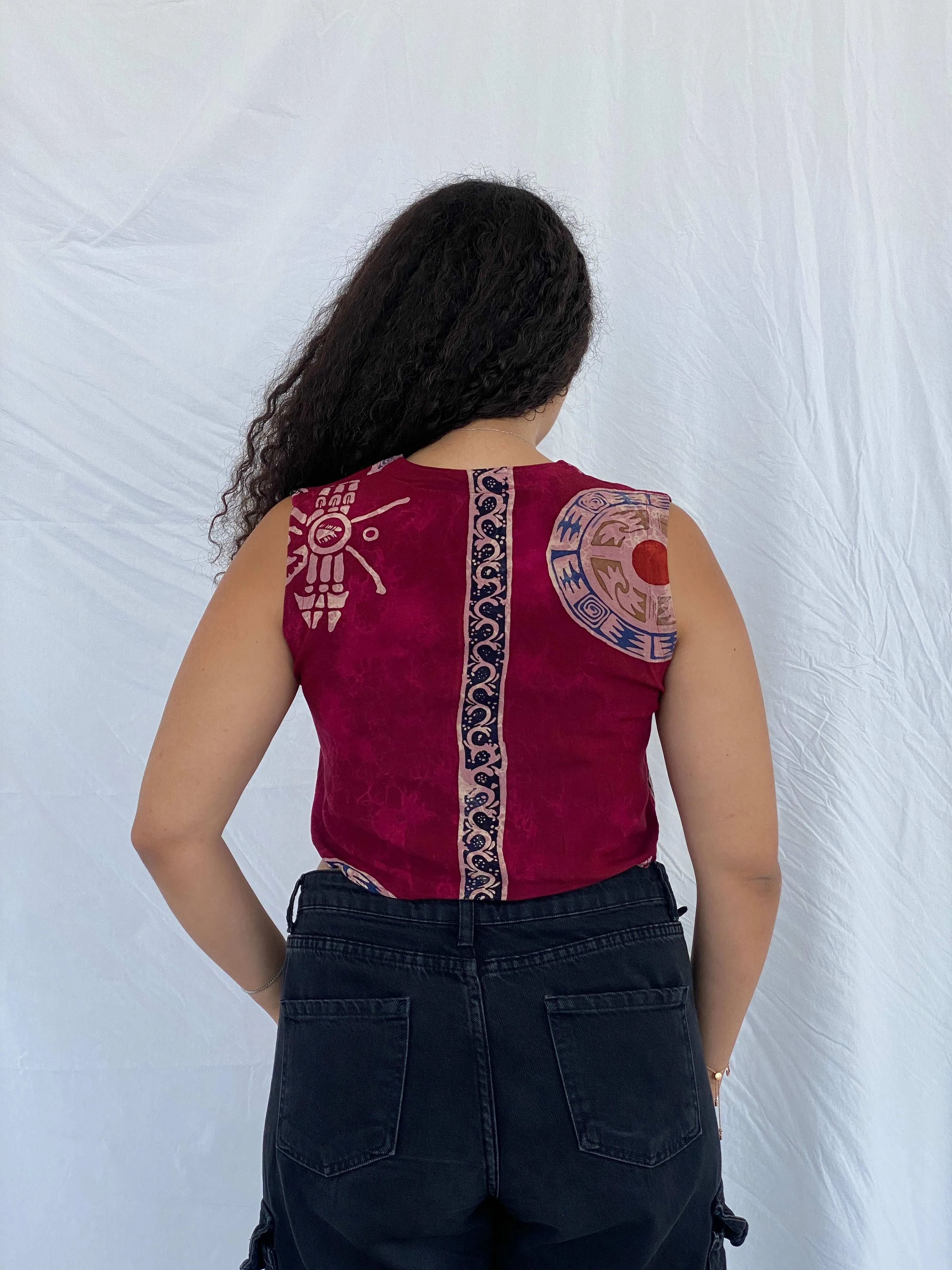 Vintage Bali Mandira Boho Cropped Maroon Shirt Size M