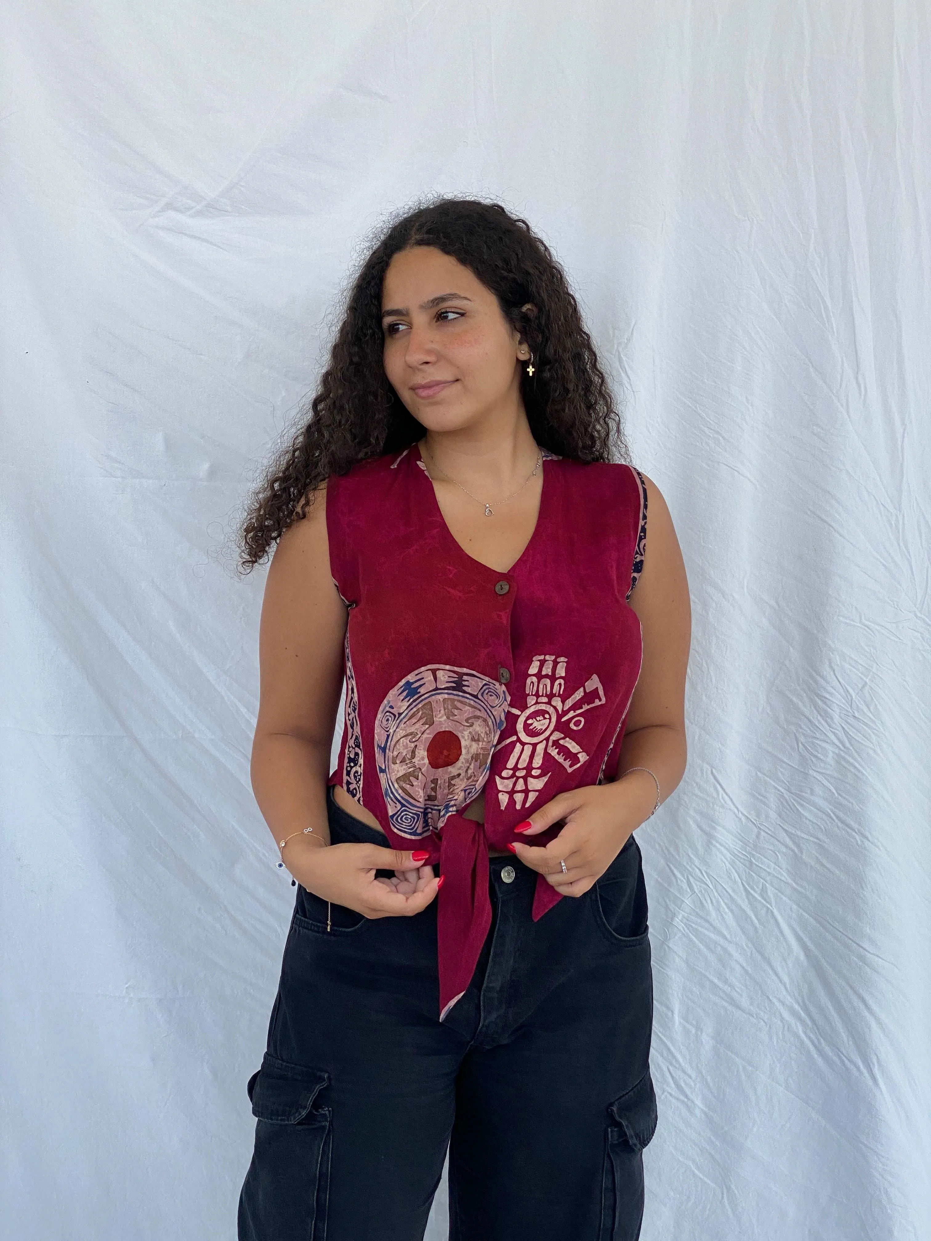 Vintage Bali Mandira Boho Cropped Maroon Shirt Size M