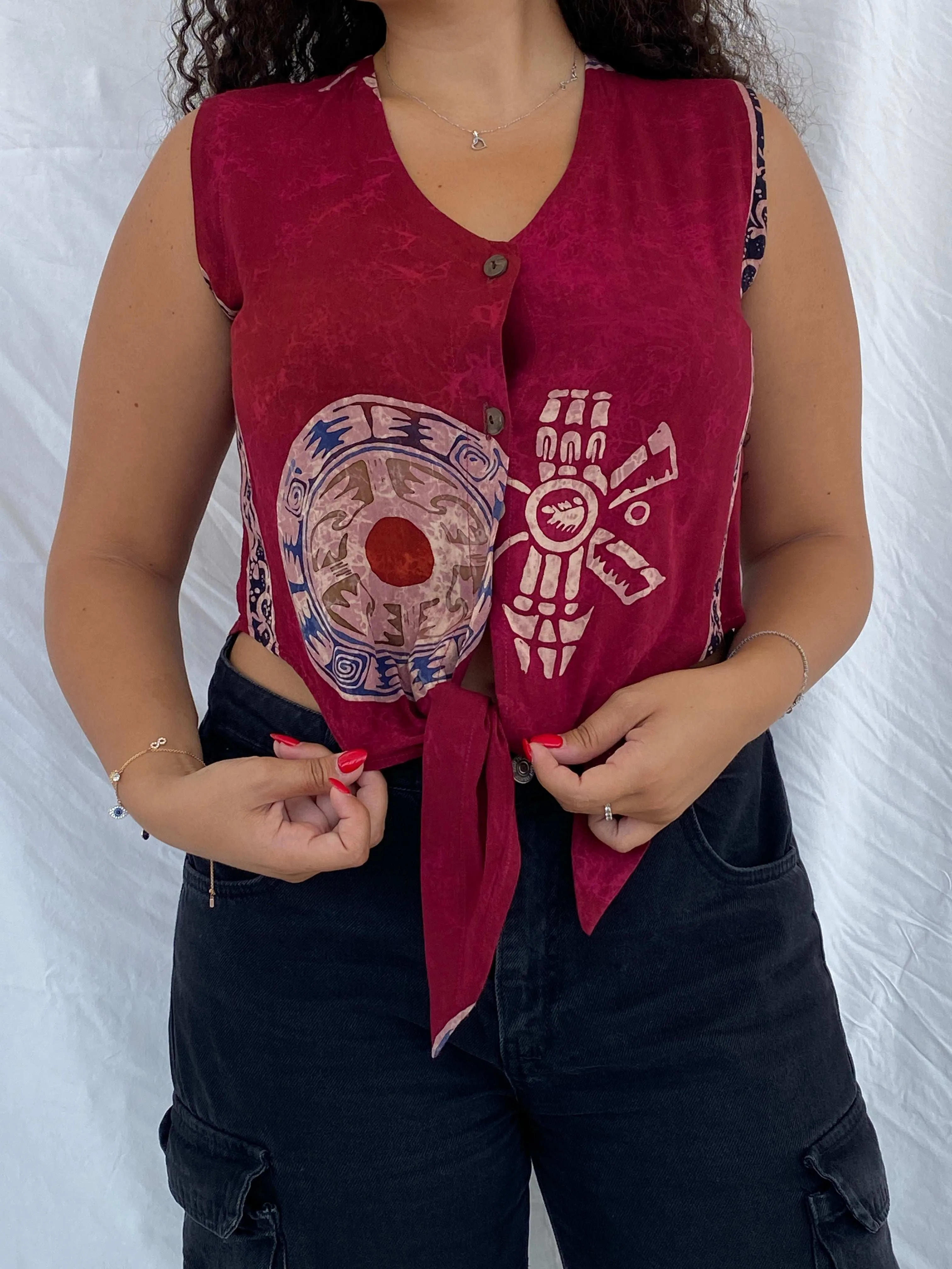 Vintage Bali Mandira Boho Cropped Maroon Shirt Size M