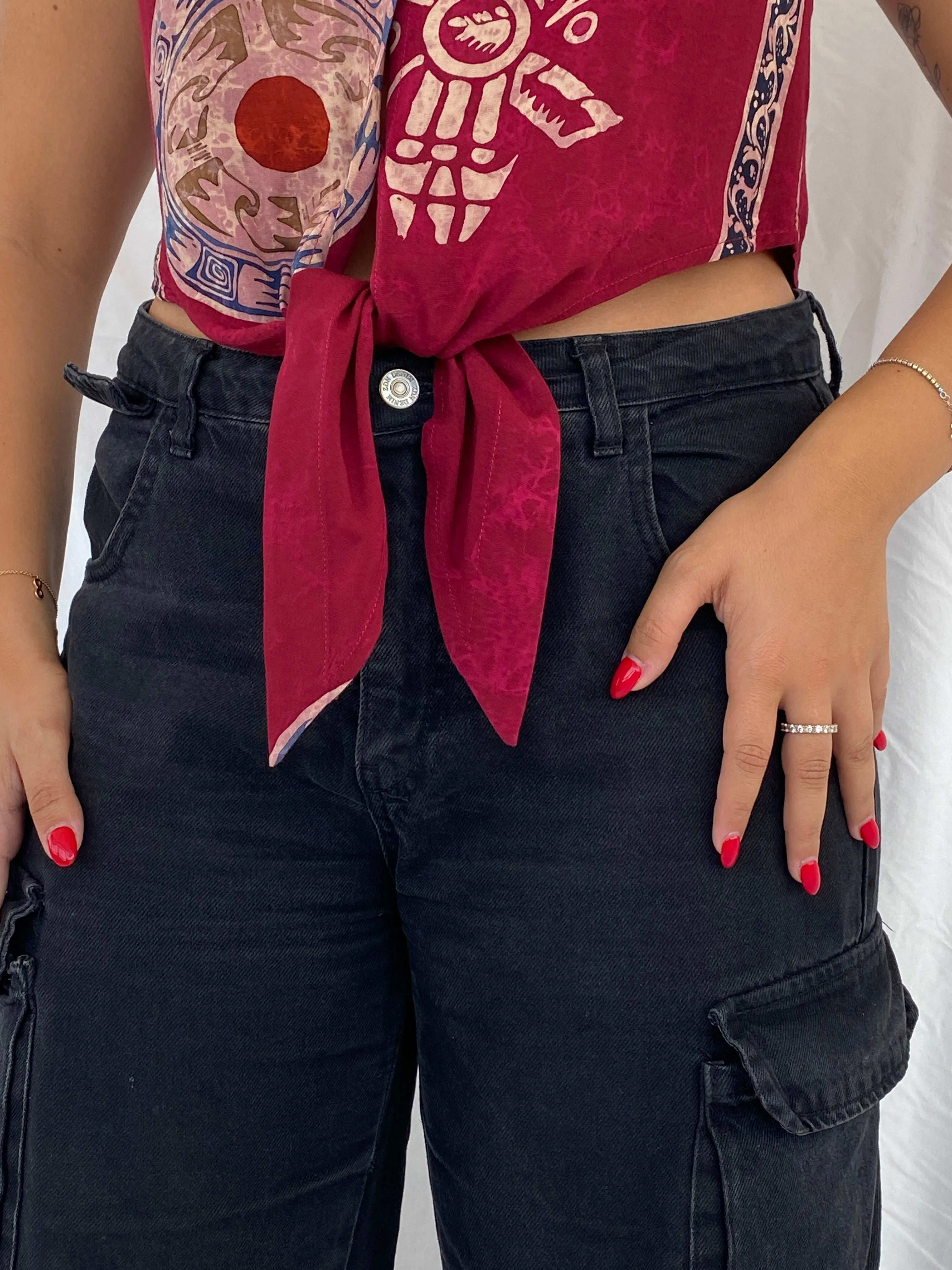Vintage Bali Mandira Boho Cropped Maroon Shirt Size M