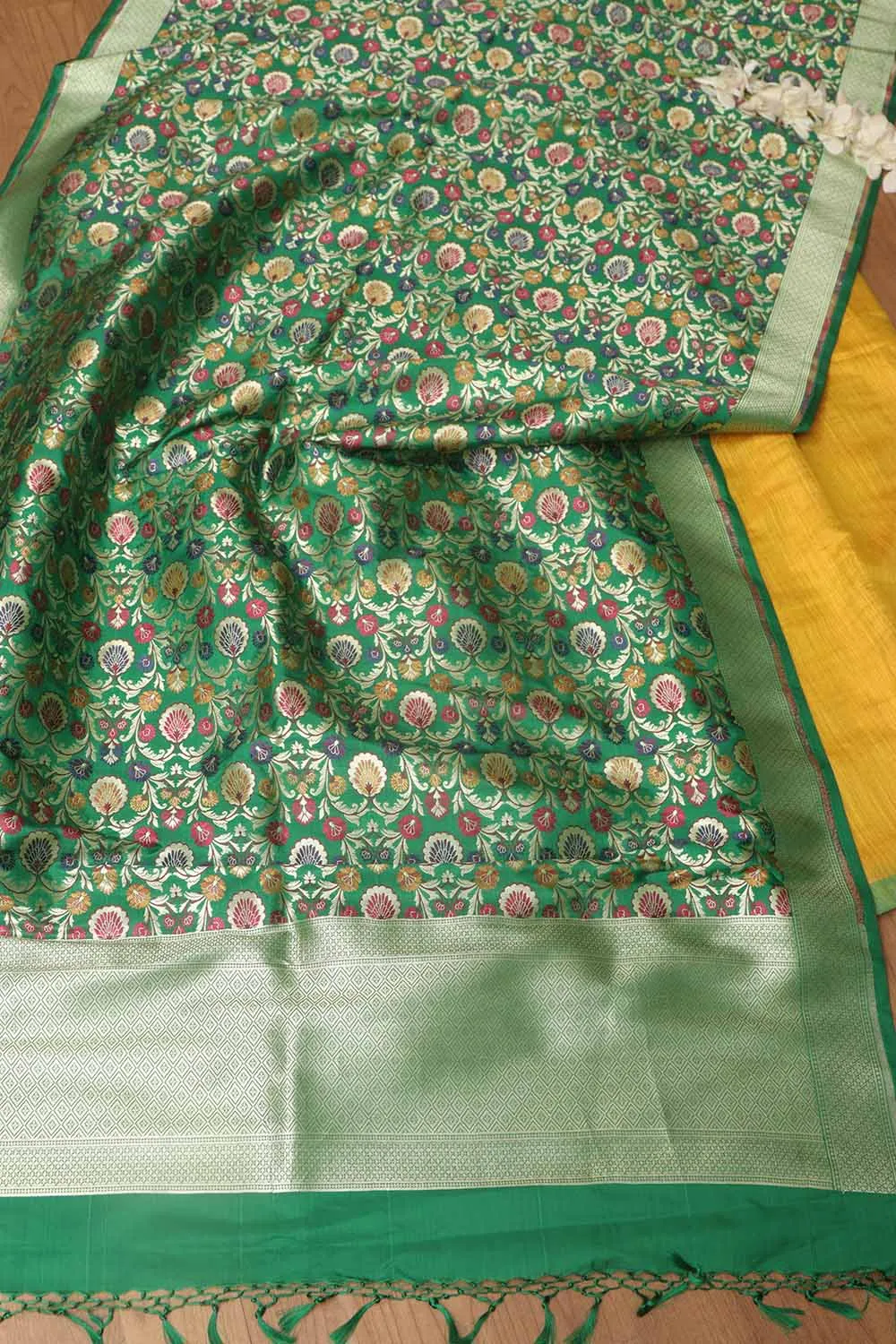 Yellow Plain Tissue Cotton Suit With Banarasi Kimkhwab Design Silk Dupatta