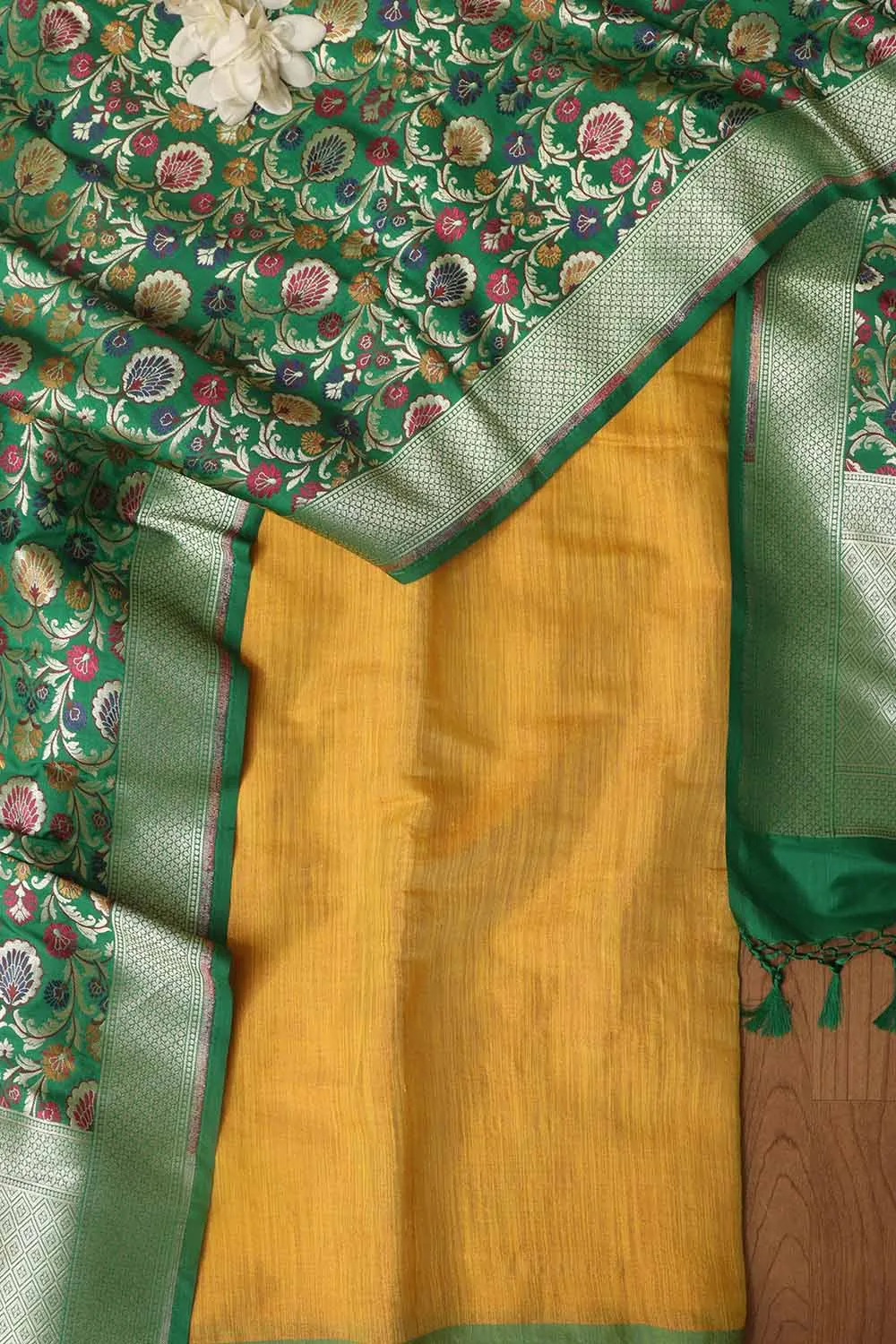 Yellow Plain Tissue Cotton Suit With Banarasi Kimkhwab Design Silk Dupatta